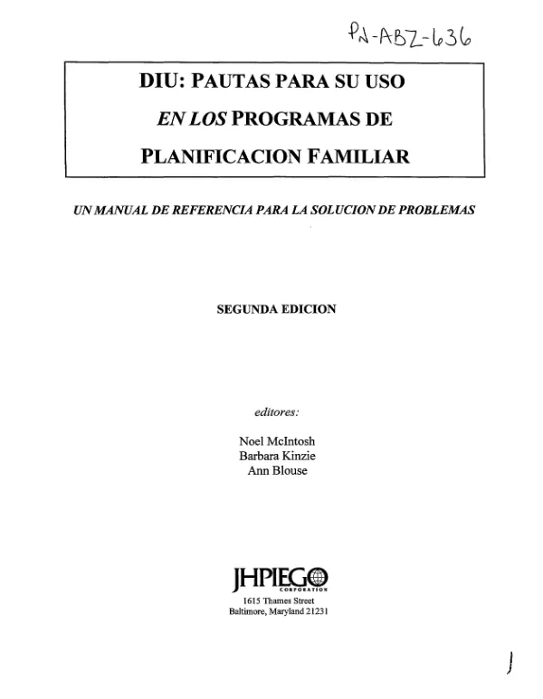 DIU : pautas para su uso en los programas de planificacion familiar -- un manual de referencia para la solucion de problemas