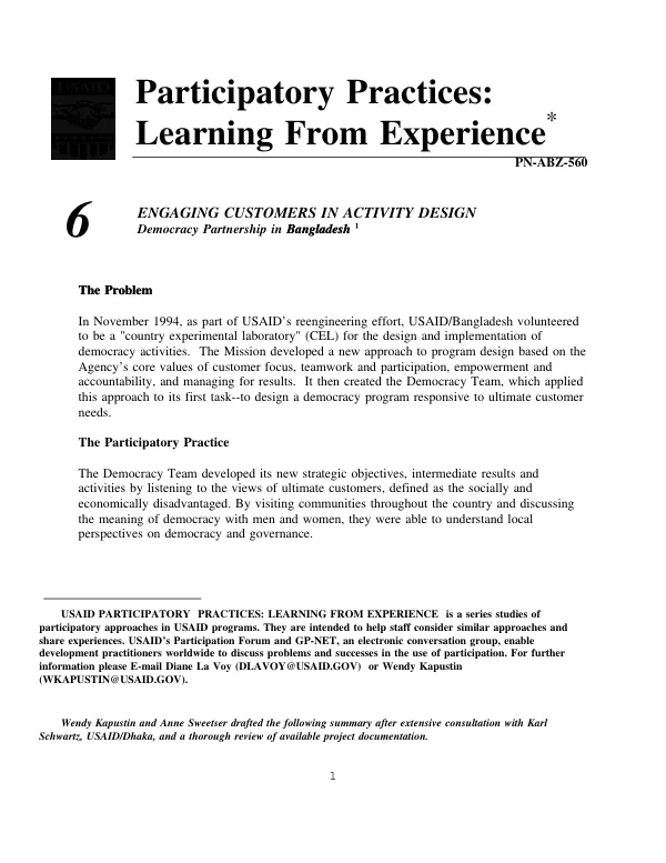 Engaging customers in activity design : democracy partnership in Bangladesh