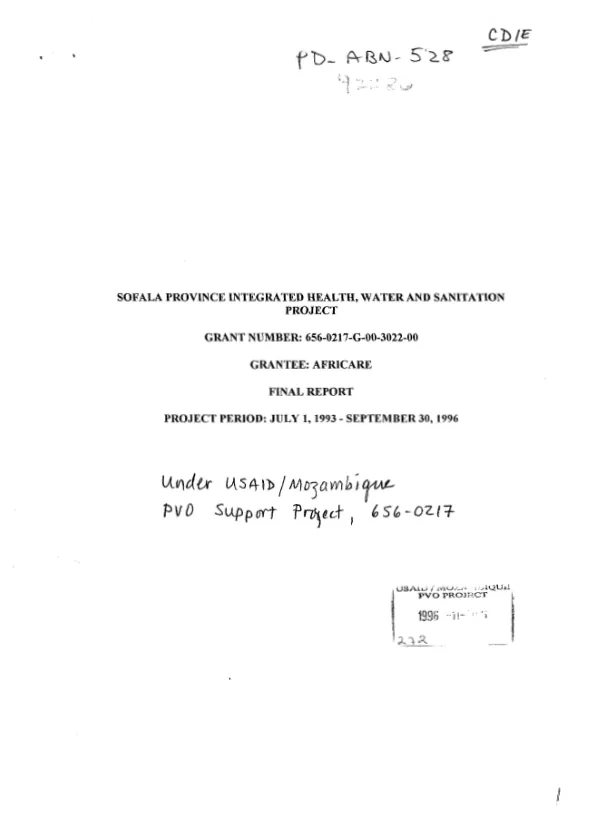 Sofala Province integrated health, water and sanitation project : grant number 656-0217-G-00-3022-00 -- grantee Africare : final report -- project period July 1, 1993-September 30, 1996