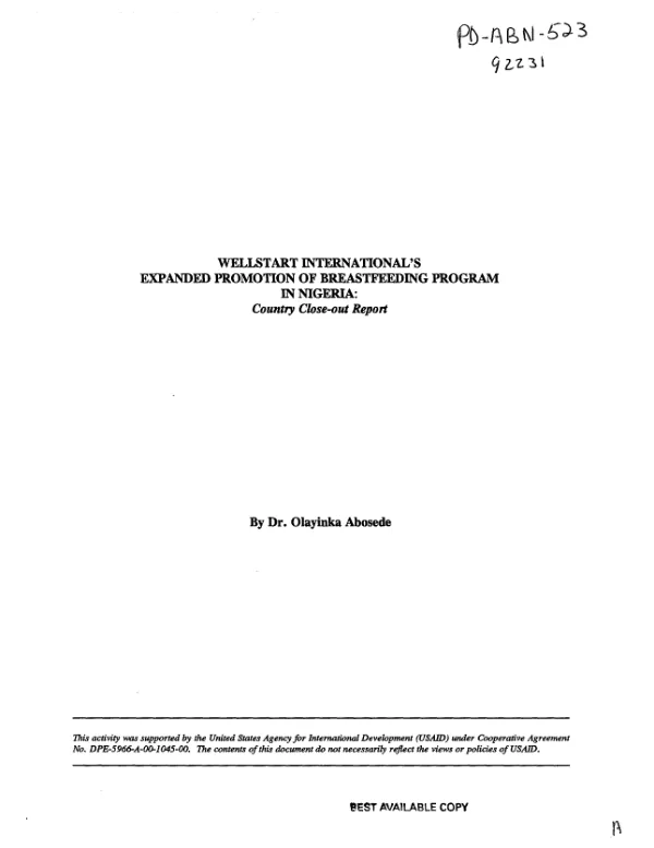 Wellstart International"s expanded promotion of breastfeeding program in Nigeria : country close-out report