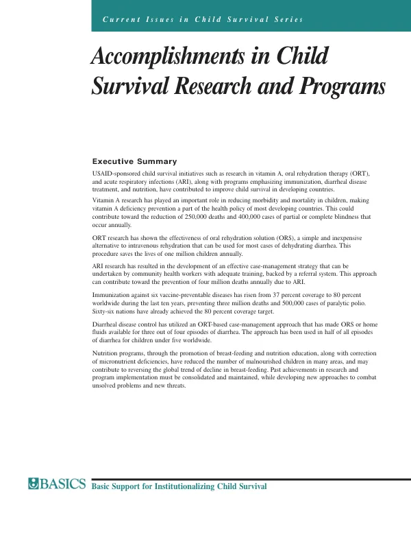 Accomplishments in child survival research and programs