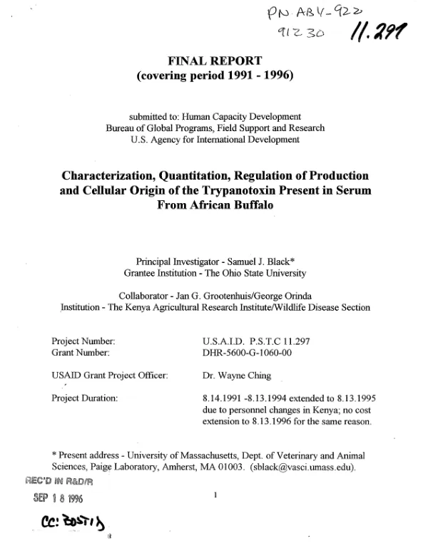 Final report (covering period 1991-1996) : characterization, quantitation, regulation of production and cellular origin of the trypanotoxin present in serum from African buffalo