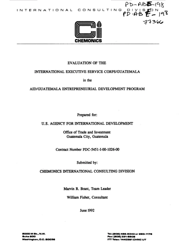 Evaluation of the International Executive Service Corps/Guatemala in the AID/Guatemala entrepreneurial development program