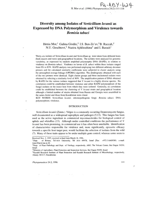 Diversity among isolates of Verticillium lecanii as expressed by DNA polymorphism and virulence towards Bemisia tabaci
