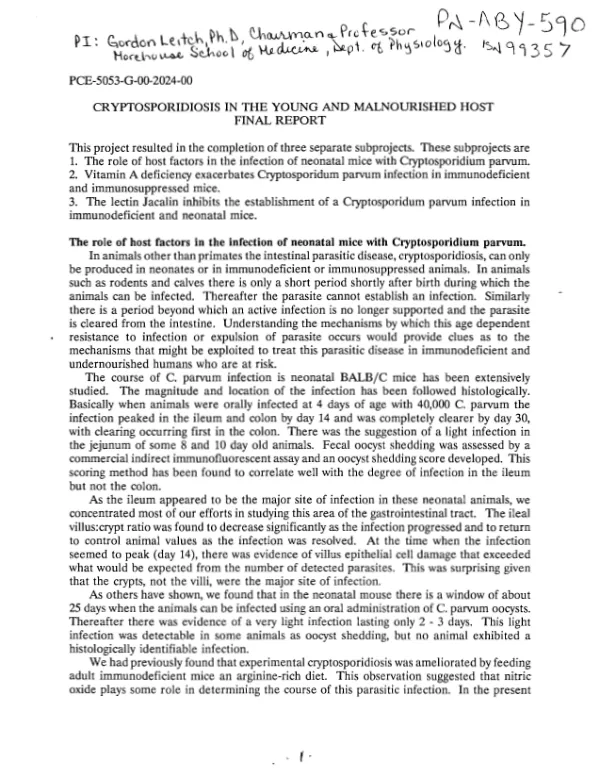 Cryptosporidiosis in the young and malnourished host : final report