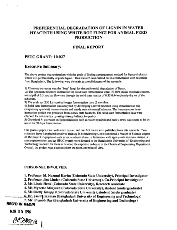 Preferential degradation of lignin in water hyacinth using white rot fungi for animal feed production : final report