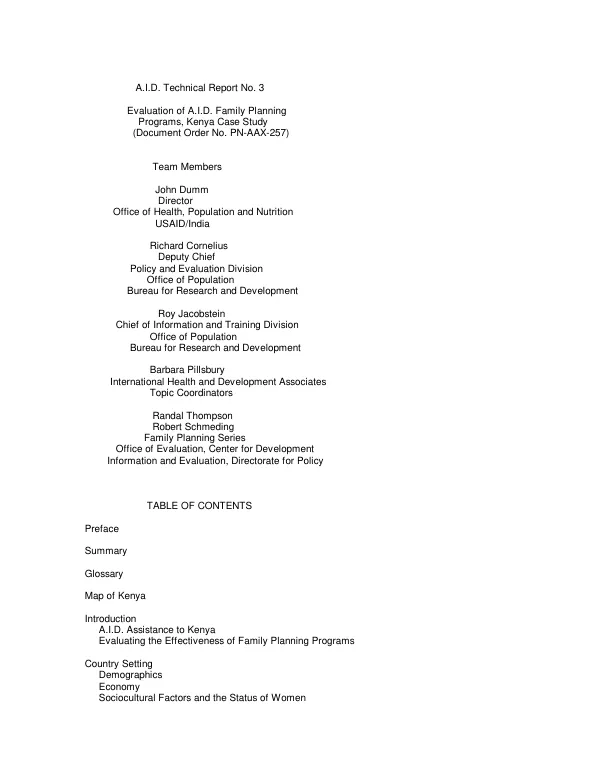 Evaluation of AID family planning programs : Kenya case study