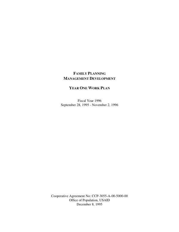 Family planning management development [FPMD] : year one workplan -- fiscal year 1996, September 28, 1995-November 2, 1996