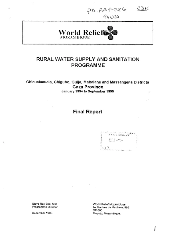 Rural water supply and sanitation programme : Chicualacuala, Chigubo, Guija, Mabalane and Massangena districts, Gaza Province [Mozambique] : final report