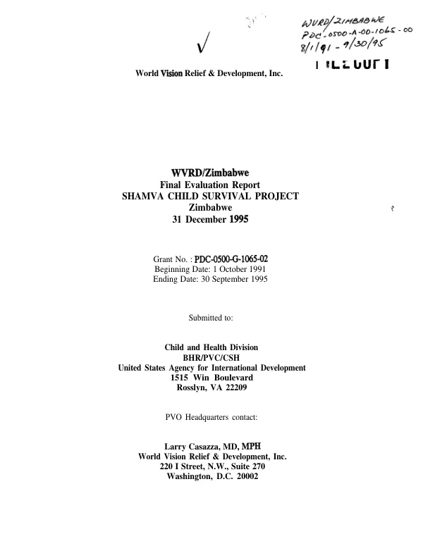 WVRD/Zimbabwe : final evaluation report -- Shamva child survival project, Zimbabwe