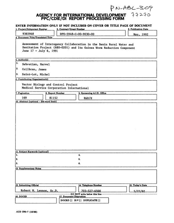 Assessment of interagency collaboration in the Benin rural water and sanitation project (680-0201) and its guinea worm reduction component, June 17-July 6, 1991