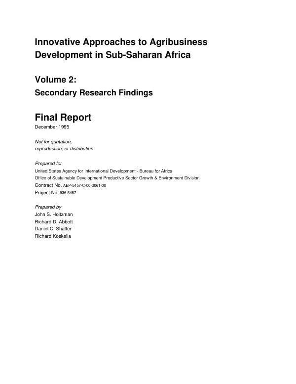 Innovative approaches to agribusiness development in sub-Saharan Africa -- volume 2 : secondary research findings