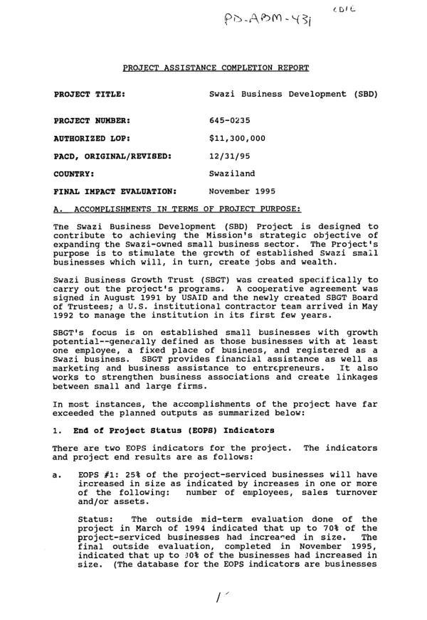 Project assistance completion report : Swazi business development (SBD)