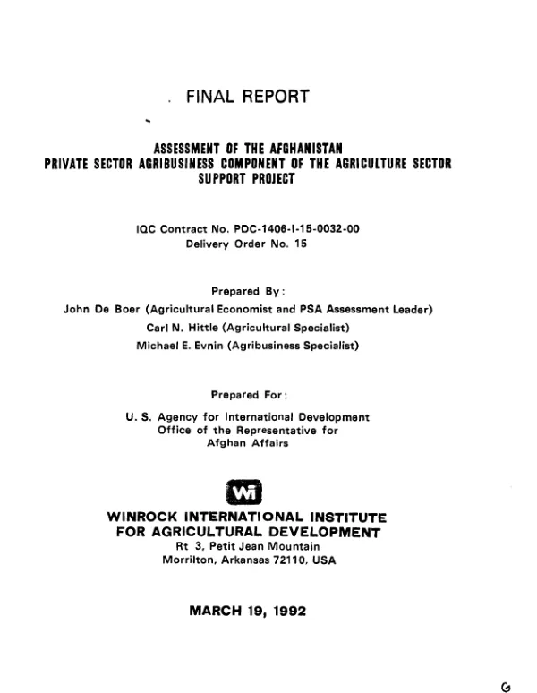 Assessment of the Afghanistan private sector agribusiness component of the agriculture sector support project : final report