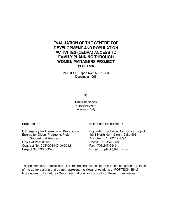 Evaluation of the Centre for Development and Population Activities (CEDPA) access to family planning through women managers project (936-3059)