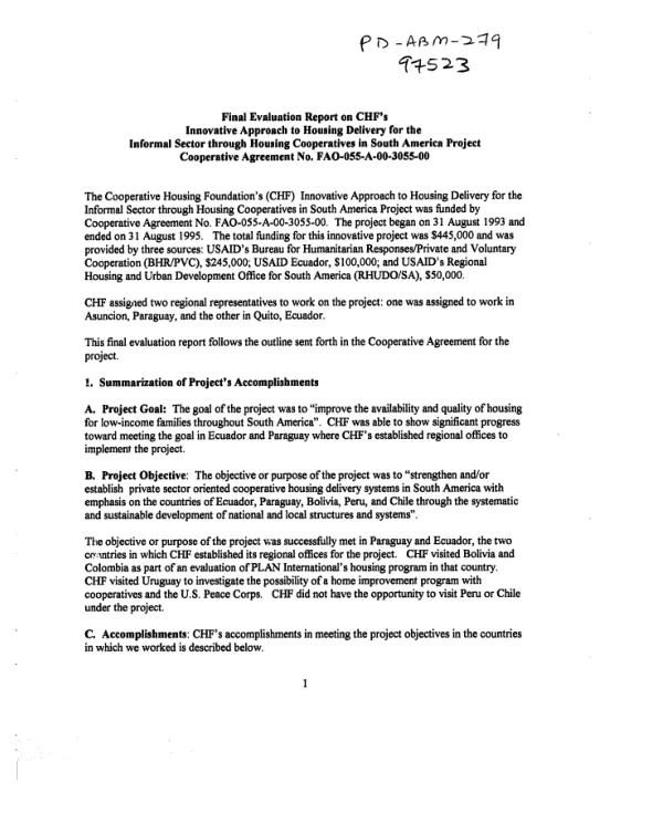 Final evaluation report on CHF"s innovative approach to housing cooperatives in South America project : cooperative agreement no. FAO-055-A-00-3055-00 [i.e. FAO-0192-A-00-3055-00]
