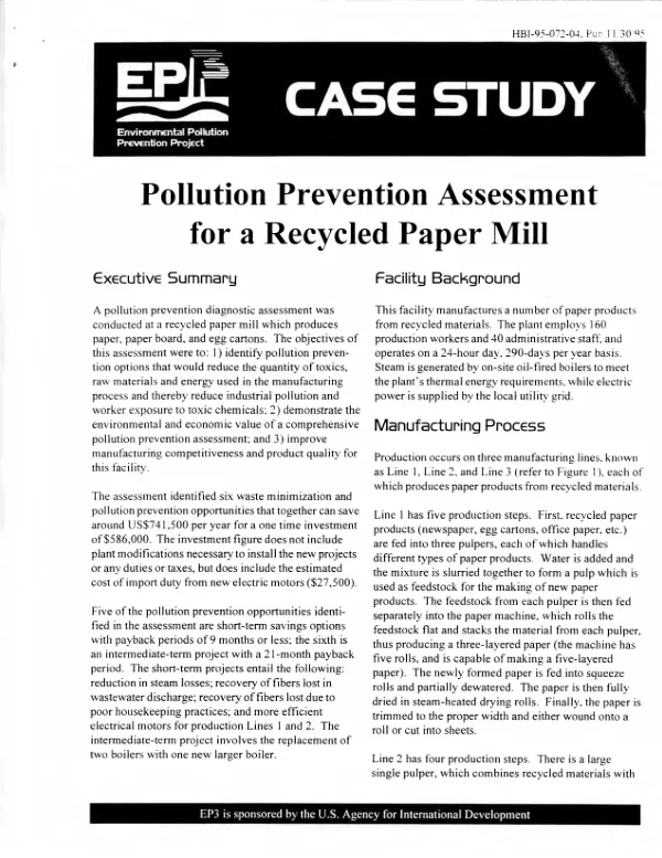 Pollution prevention assessment for a recycled paper mill