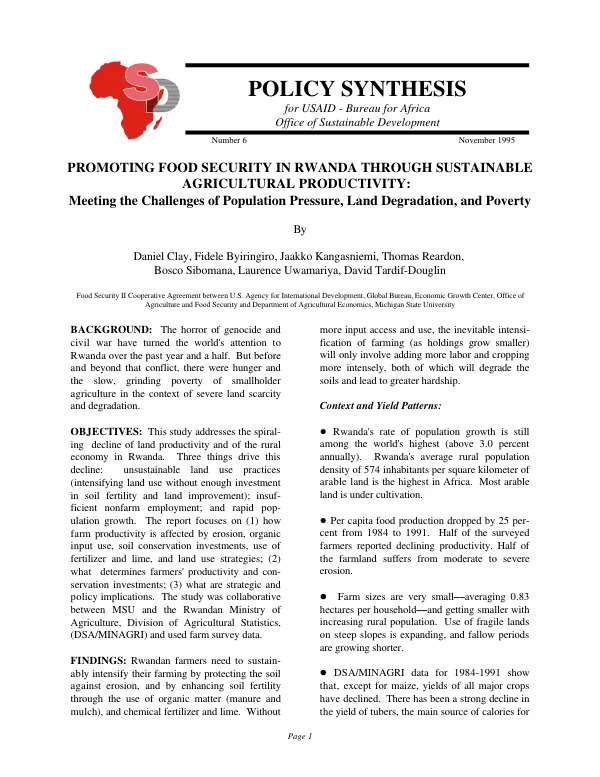 Promoting food security in Rwanda through sustainable agricultural productivity : meeting the challenges of population pressure, land degradation and poverty