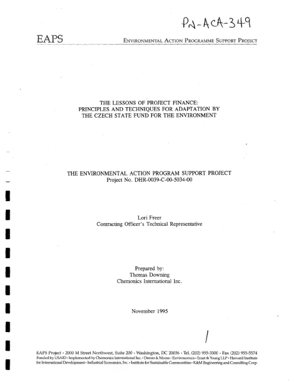 Lessons of project finance : principles and techniques for adaptation by the Czech State Fund for the Environment