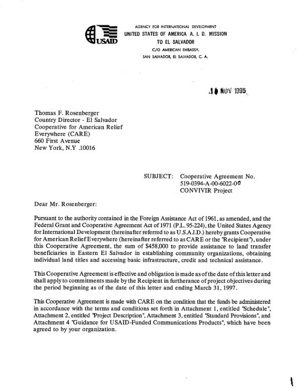 USAID cooperative agreement no. 519-0394-A-00-6022-00 with Cooperative for American Relief Everywhere (CARE) for the CONVIVIR project