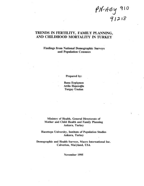 Trends in fertility, family planning, and childhood mortality in Turkey : findings from national demographic surveys and population censuses