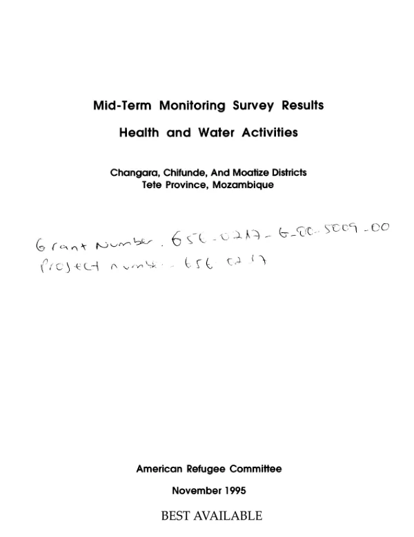 Mid-term monitoring survey results : health and water activities -- Changara, Chifunde, and Moatize Districts, Tete Province, Mozambique