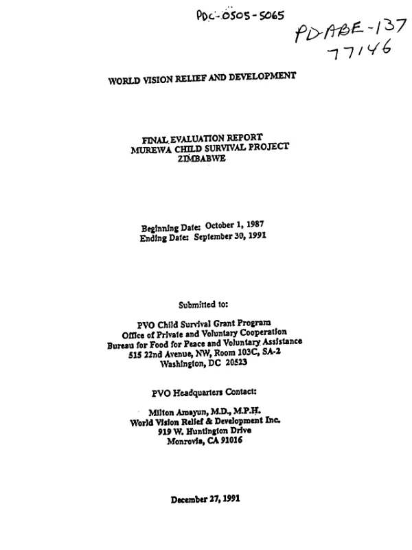 Final evaluation report : Murewa child survival project, Zimbabwe