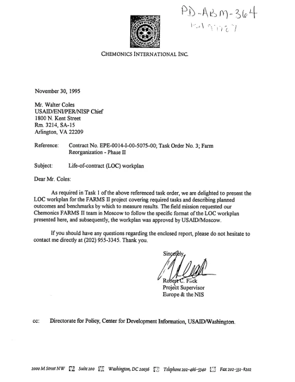 Contract no. EPE-0014-I-00-5075-00 -- task order no. 3 -- farm reorganization, phase II : life - of - contract (LOC) workplan
