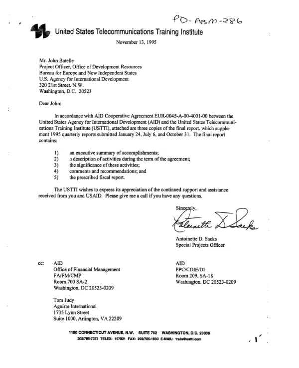 Final report to United States Agency for International Development from the United States Telecommunications Training Institute covering cooperative agreement EUR-0045-A-00-0001-00 [i.e. EUR-0045-A-00-4001-00]