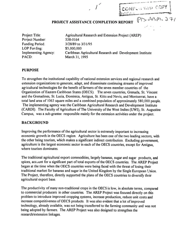 Project assistance completion report : agricultural research and extension project (AREP)