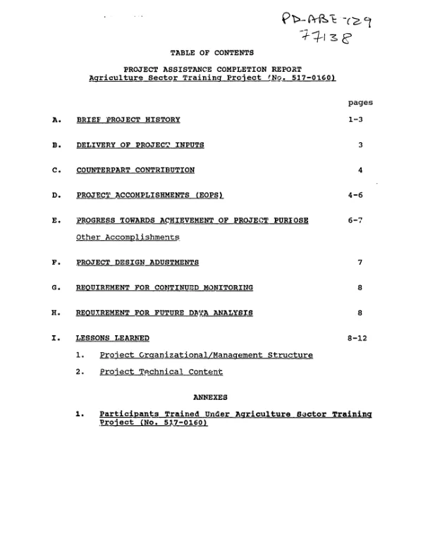 Project assistance completion report : agriculture sector training project (no. 517-0160)