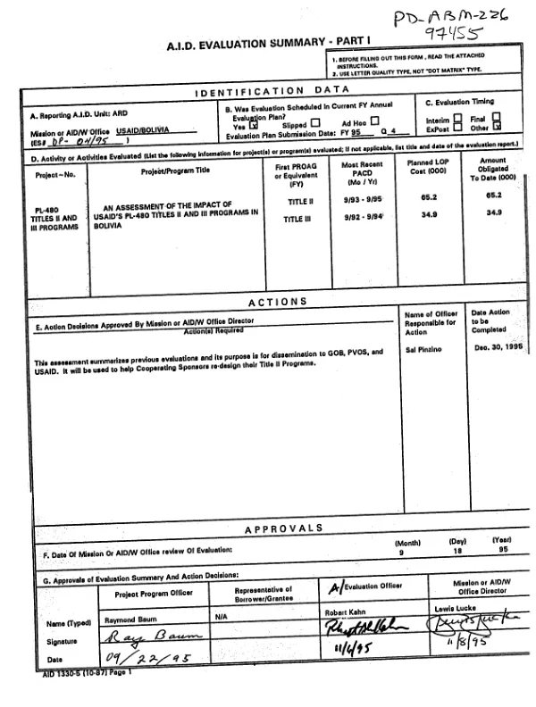 Assessment of the impact of USAID"s PL-480 Titles II and III programs in Bolivia