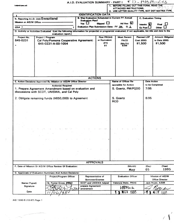Cal Poly/Pomona cooperative agreement 645-0231-A-00-1054
