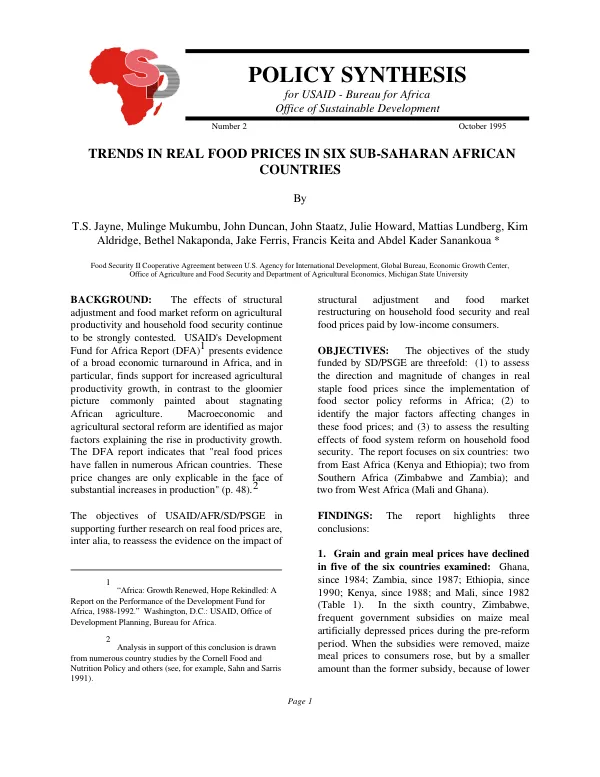 Trends in real food prices in six sub-Saharan African countries