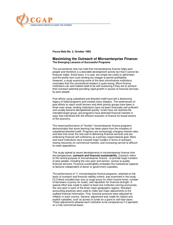 Maximizing the outreach of microenterprise finance : the emerging lessons of successful programs