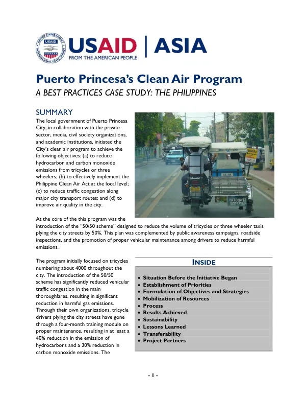 Puerto Princesa"s clean air program : a best practices case study -- the Philippines