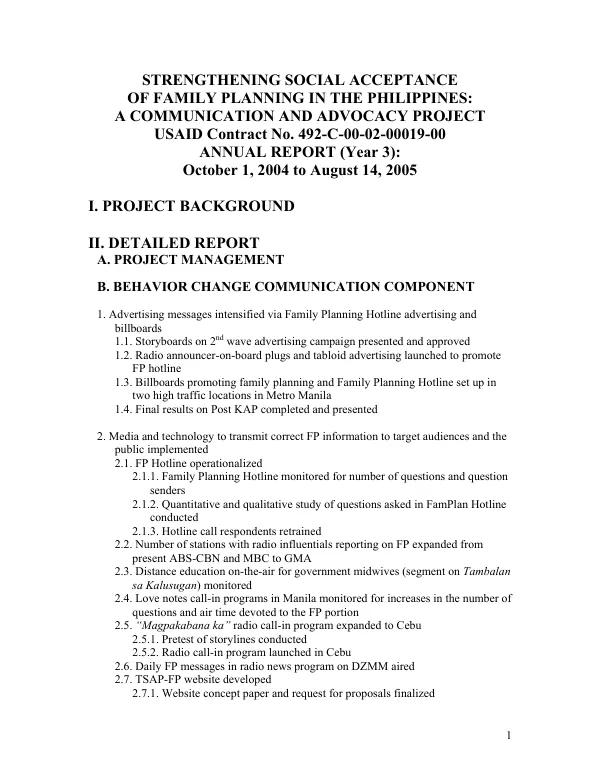 Strengthening social acceptance of family planning in the Philippines [TSAP-FP] : a communication and advocacy project -- USAID contract no. 492-C-00-02-00019-00 : annual report (year 3) -- October 1, 2004 to August 14, 2005