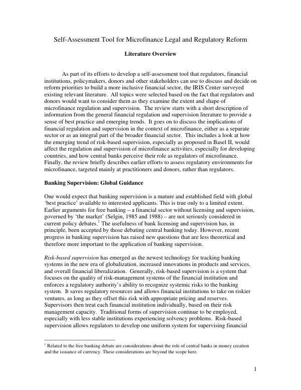 Self-assessment tool for microfinance legal and regulatory reform : literature overview