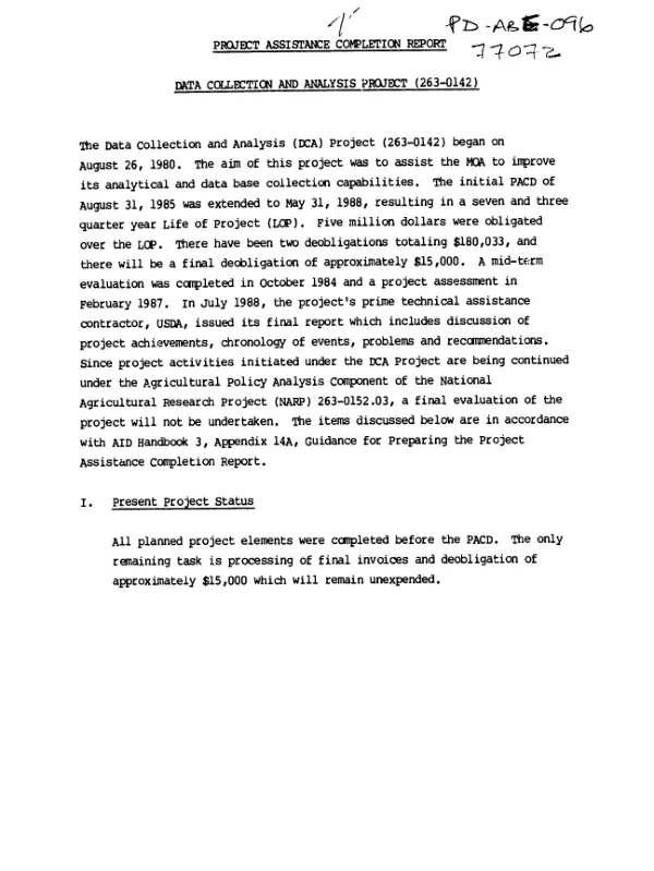 Project assistance completion report : data collection and analysis project (263-0142)