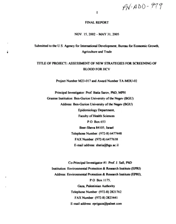 Final report, Nov. 15, 2002-May 31, 2005 : assessment of new strategies for screening of blood for HCV