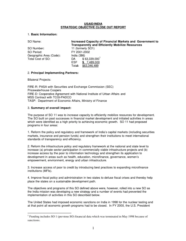 USAID/India : strategic objective close-out report -- increased capacity of financial markets and government to transparently and efficiently mobilize resources : FY 1998-2004