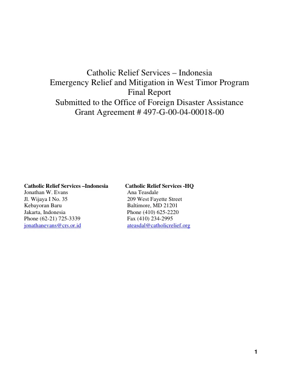 Catholic Relief Services-Indonesia : emergency relief and mitigation in West Timor program -- final report for the period July 2004-January 2005
