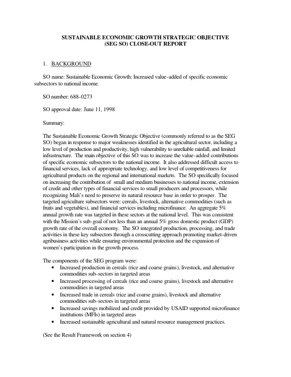 Sustainable economic growth strategic objective (SEG SO) close-out report