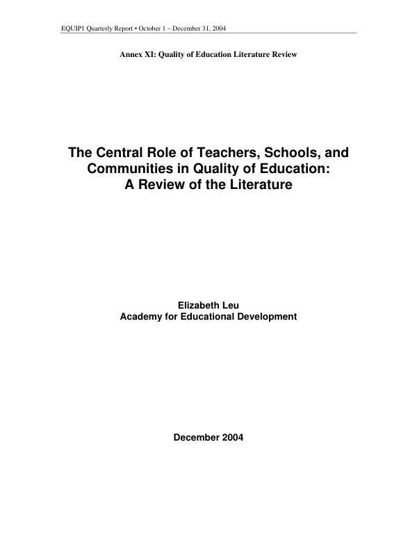The Central role of teachers, schools, and communities in quality of eduation : a review of the literature