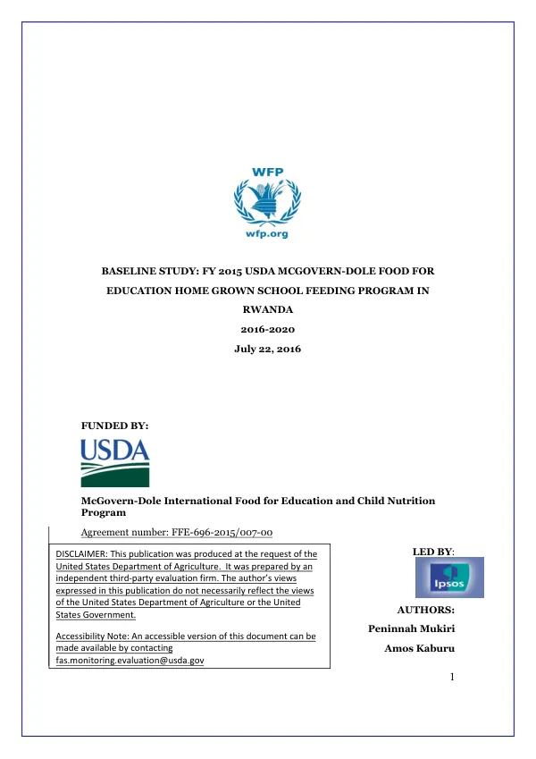 [USDA] Baseline study : FY 2015 usda McGovern-Dole food for education home grown school feeding program in Rwanda