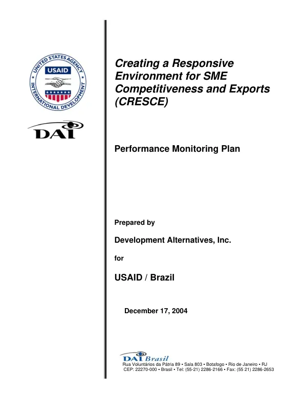 Creating a responsive environment for SME competitiveness and exports (CRESCE) : performance monitoring plan