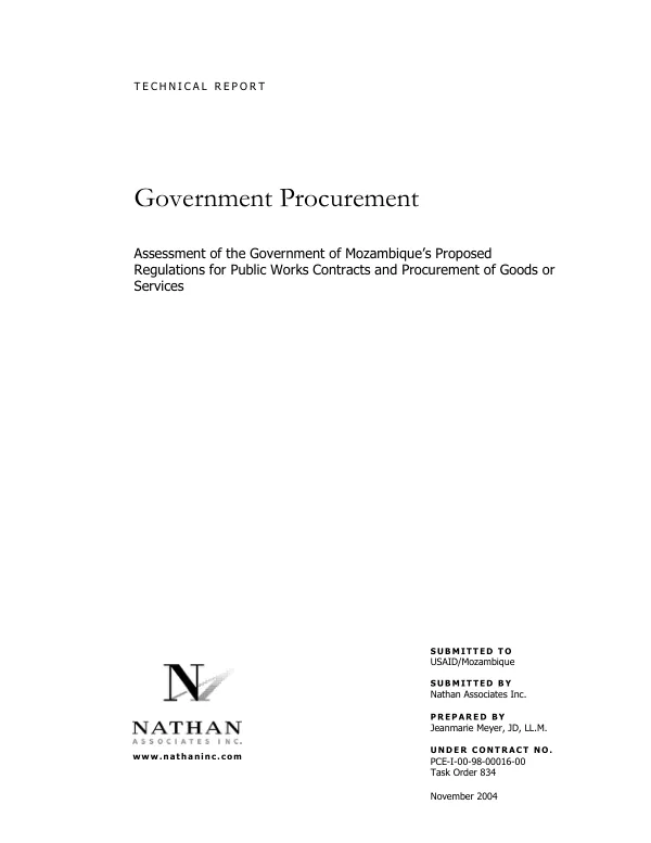 Technical report : government procurement -- assessment of the Government of Mozambique"s proposed regulations for public works contracts and procurement of goods or services