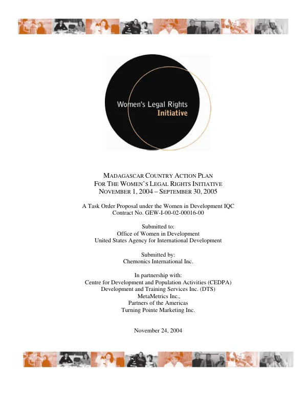 Madagascar country action plan for the women"s legal rights initiative [WLRI] : November 1, 2004-September 30, 2005