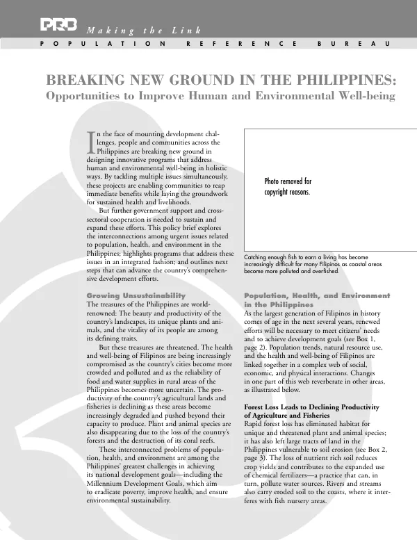 Breaking new ground in the Philippines : opportunities to improve human and environmental well-being