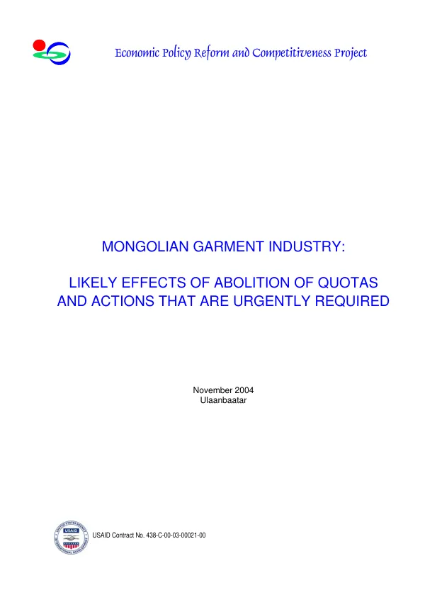 Mongolian garment industry : likely effects of abolition of quotas and actions that are urgently required